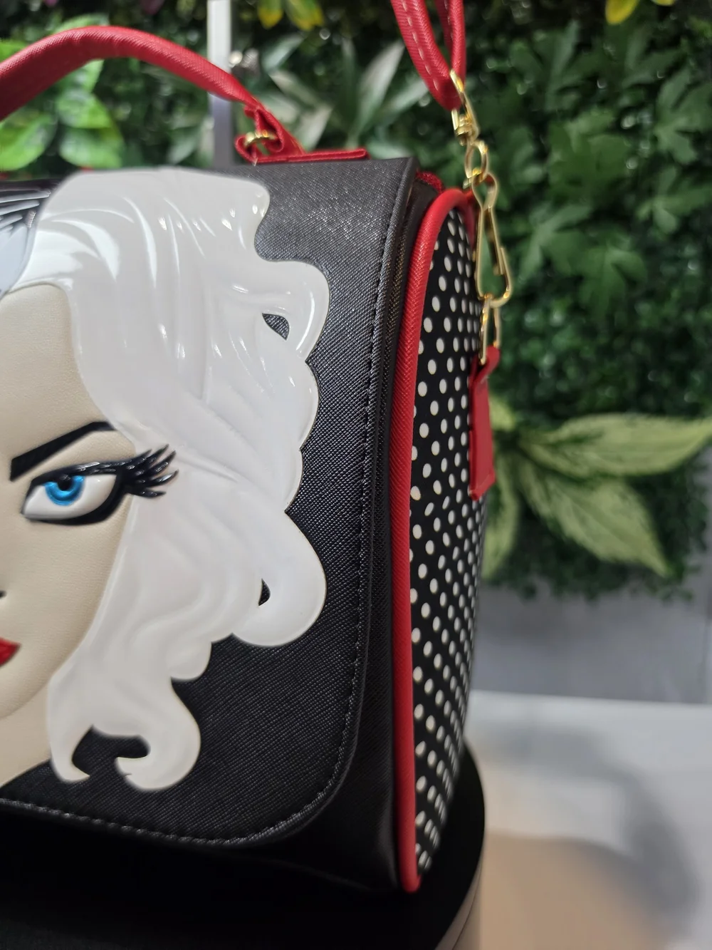 Black and Red Women's Satchel with Graphic Face Detail